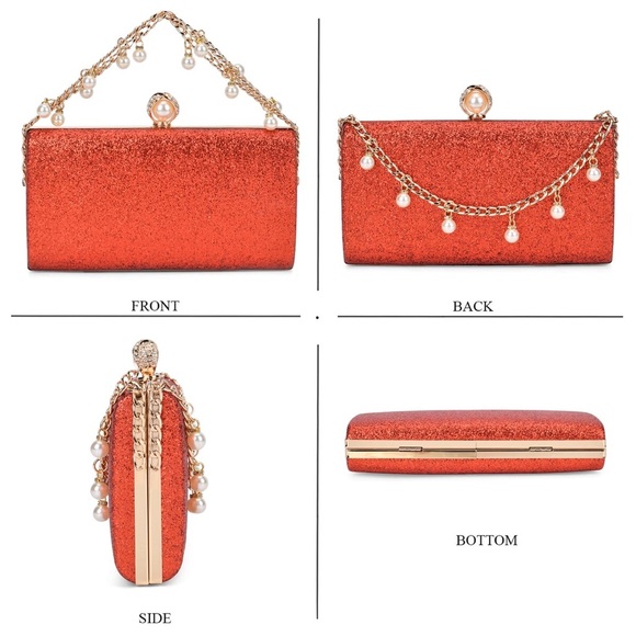 Red Sparkling Clutch Bag, Pearl Station Bracelet and Necklace - Picture 4 of 7